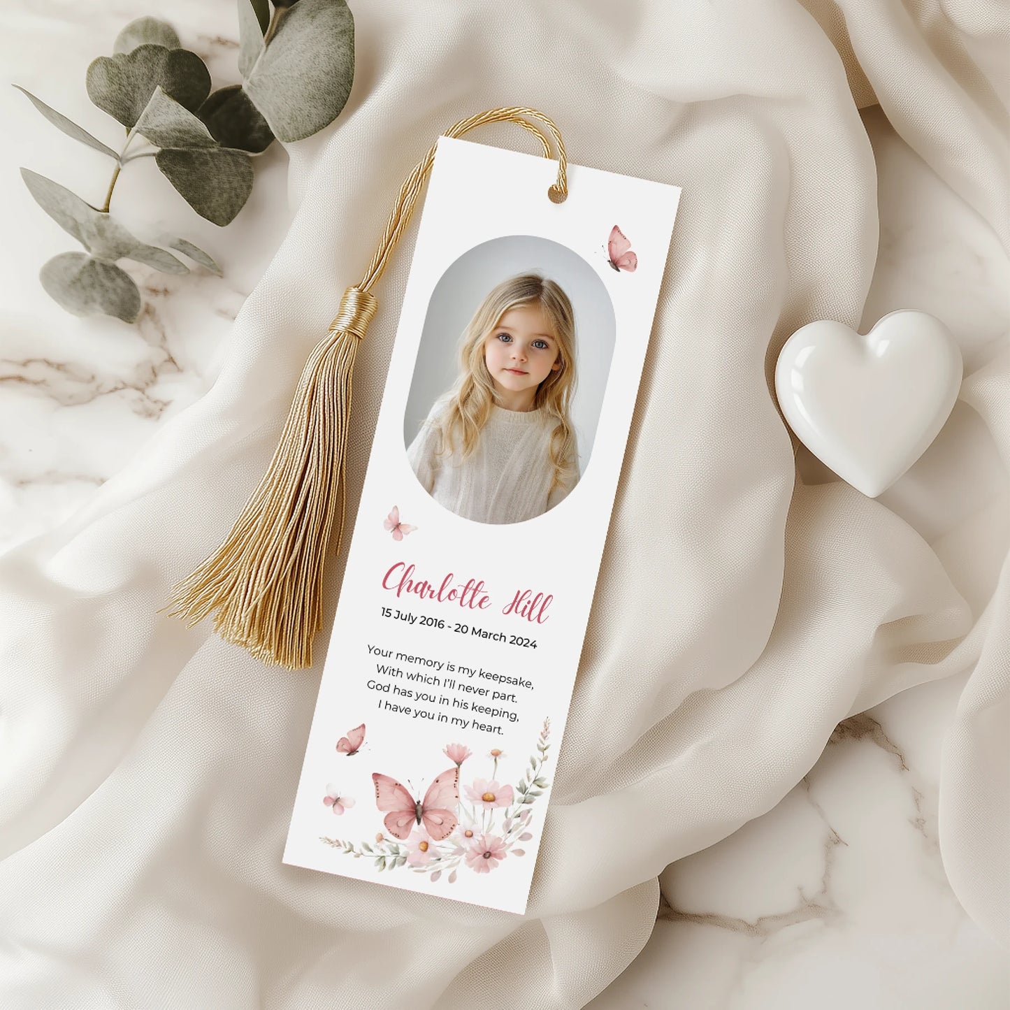 Personalised memorial bookmark for Charlotte Jill with pink butterflies, soft floral accents, and a remembrance poem titled "A Silent Tear"—a heartfelt keepsake to honour a young loved one.