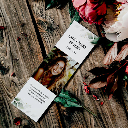 Personalised memorial bookmark for Emily Mary Peters with eucalyptus accents, a heartfelt keepsake to honour a loved one.