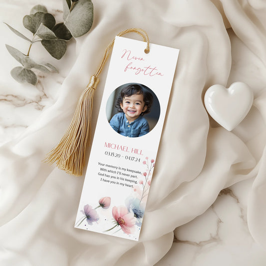 Personalised memorial bookmarks with elegant floral designs, part of Loving Whisper's collection to honour and remember loved ones.