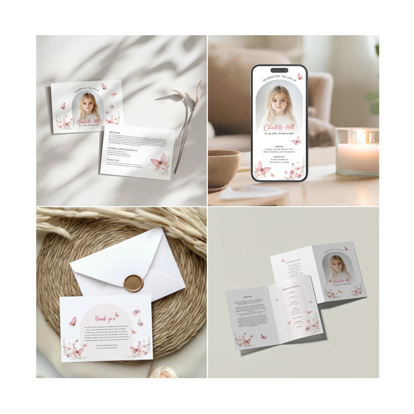 Editable Canva templates from the Summer Dream Memorial Collection featuring soft florals and delicate butterflies. Includes funeral programs, thank-you cards, memory signs, and more, designed as a heartfelt tribute for a celebration of life.