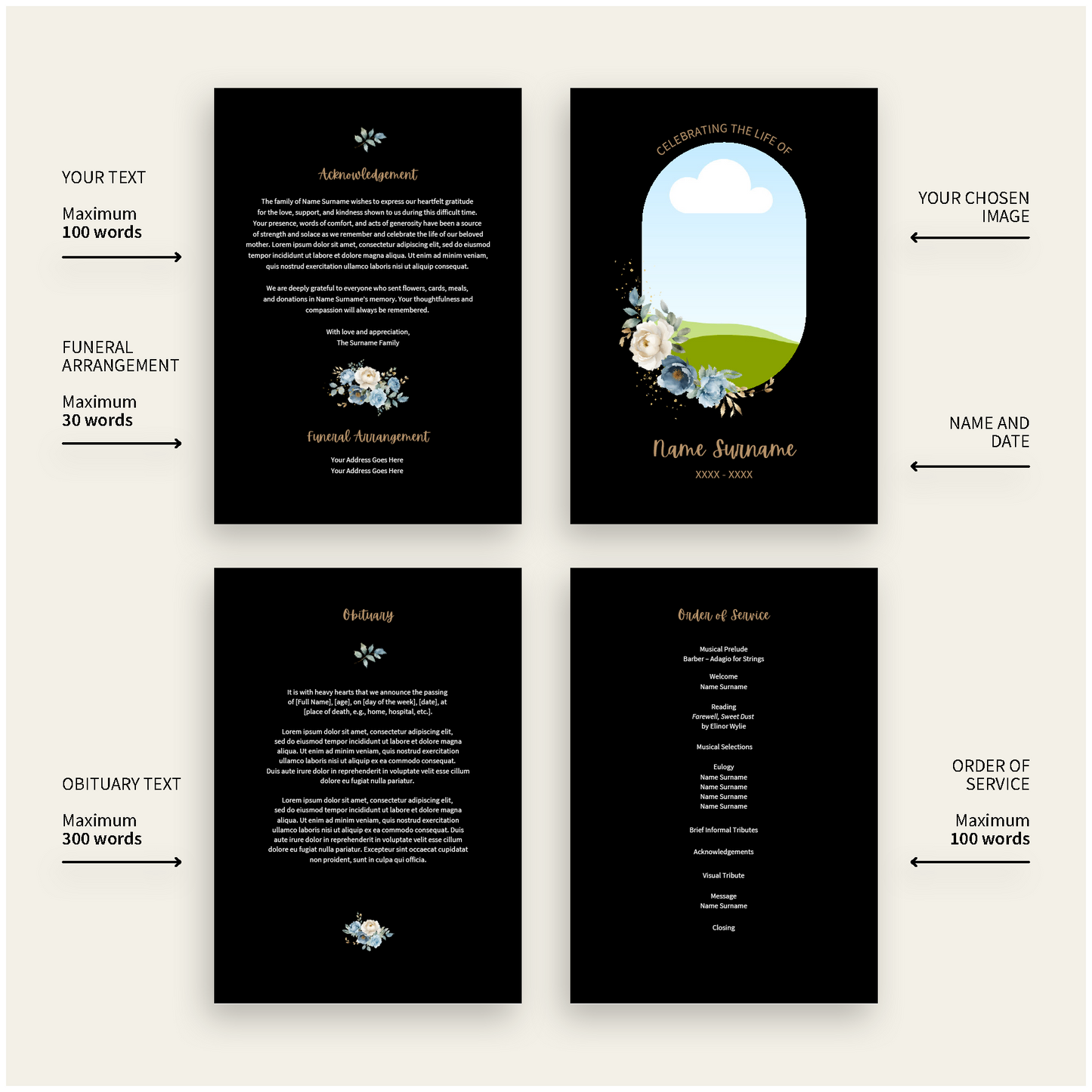 Custom Funeral Order of Service | Single-Fold Brochure BLK1