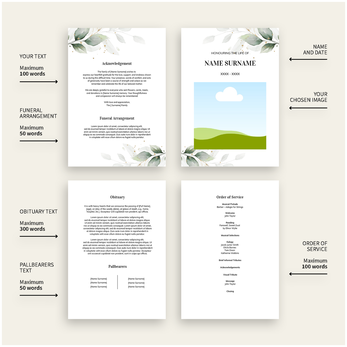 Custom Funeral Order of Service | Single-Fold Brochure WHT8