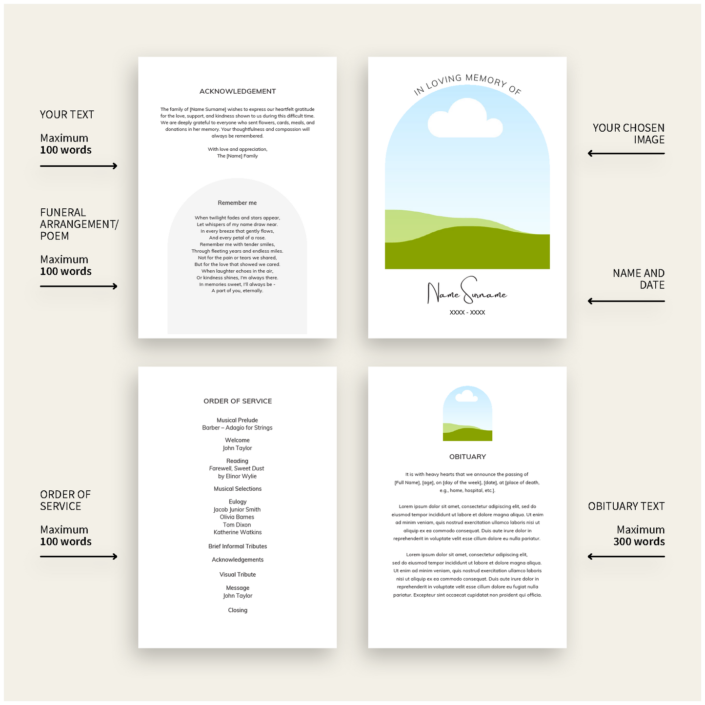 Custom Funeral Order of Service | Single-Fold Brochure WHT9