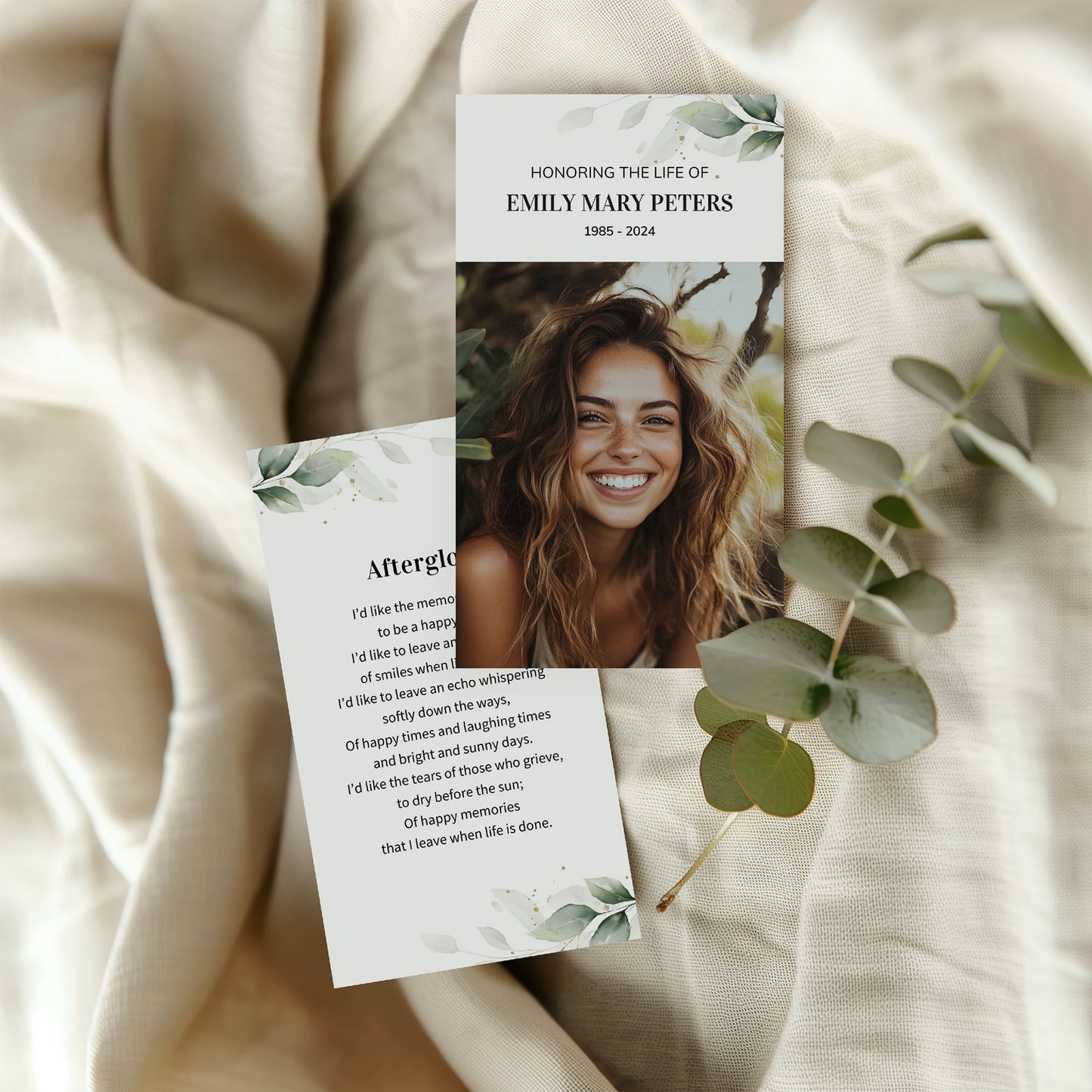 Customisable memorial prayer card with soft floral design, part of Loving Whisper's Prayer Cards collection, offering a heartfelt tribute to honour a loved one's memory.