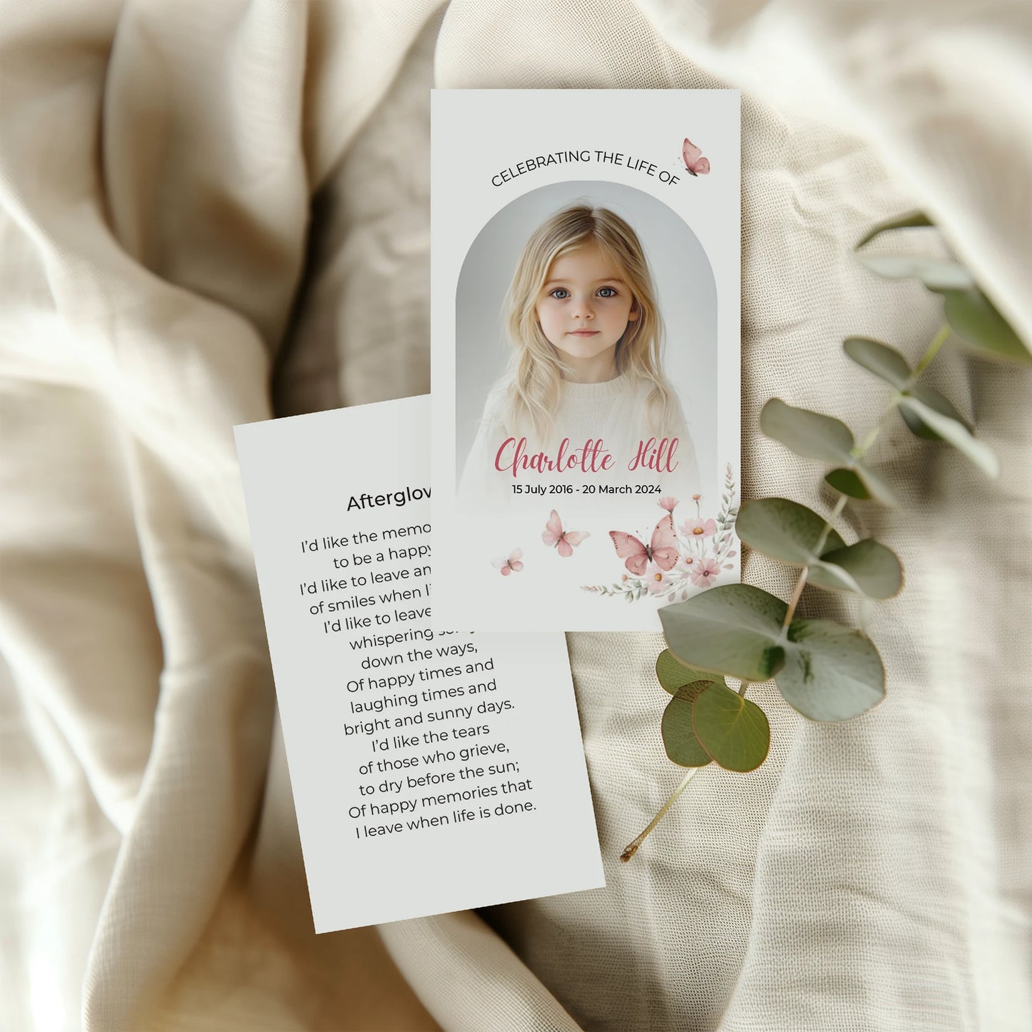 Customisable memorial prayer card with soft floral design, part of Loving Whisper's Prayer Cards collection, offering a heartfelt tribute to honour a loved one's memory.