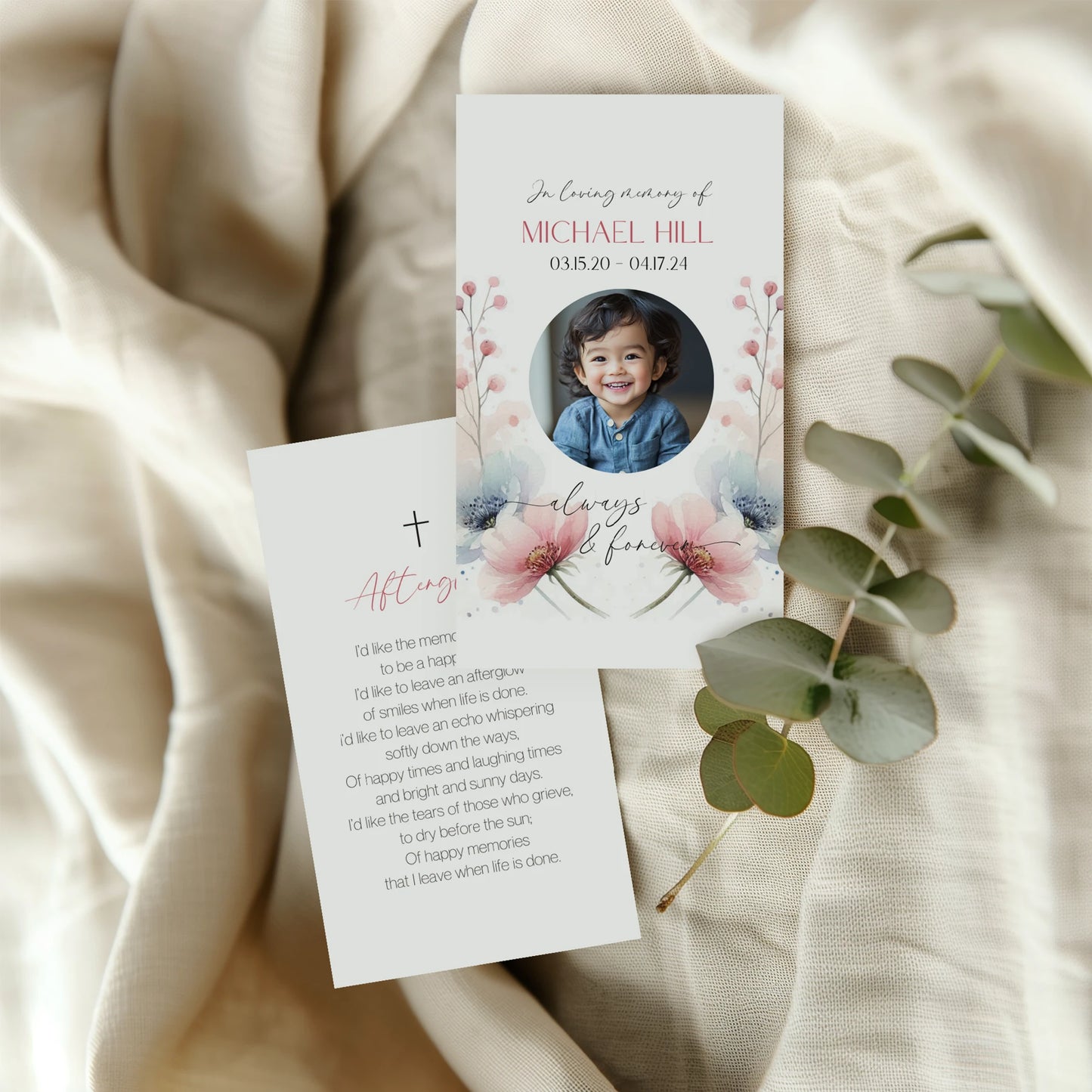 Customisable memorial prayer card with soft floral design, part of Loving Whisper's Prayer Cards collection, offering a heartfelt tribute to honour a loved one's memory.