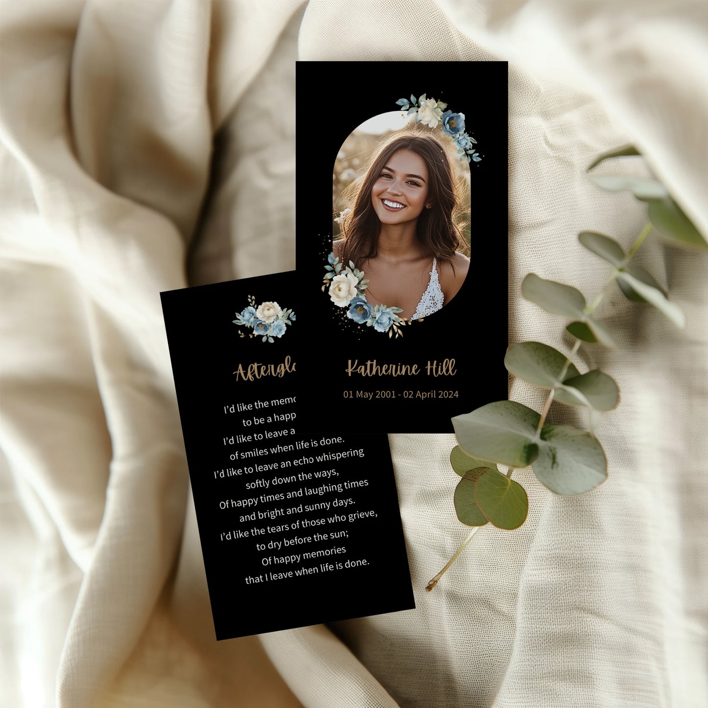 Customisable memorial prayer card with soft floral design on black background, part of Loving Whisper's Prayer Cards collection, offering a heartfelt tribute to honour a loved one's memory.