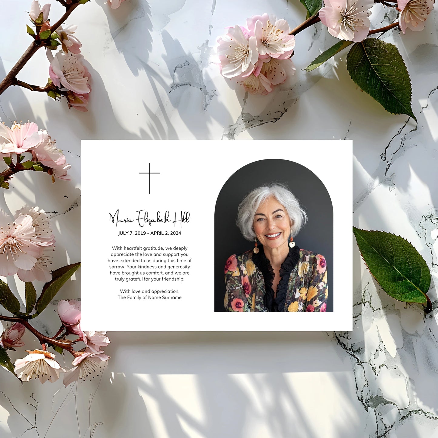 Personalised memorial thank you card with elegant floral design, part of Loving Whisper's collection to express gratitude and honour loved ones.