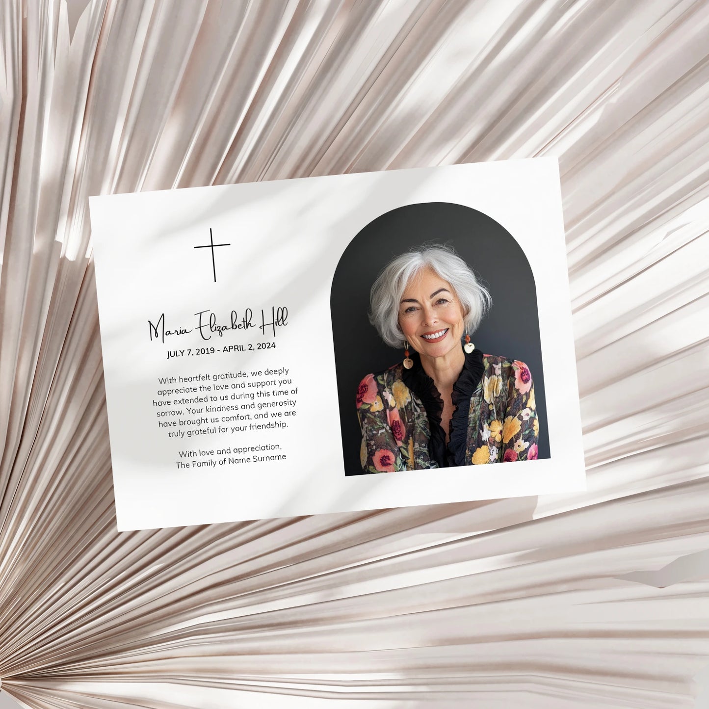 Personalised memorial thank you card with elegant floral design, part of Loving Whisper's collection to express gratitude and honour loved ones.