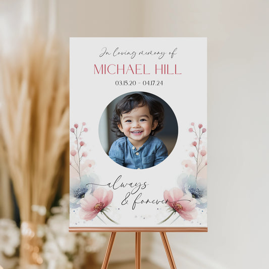 Personalised memorial sign with a custom photo framed in a circular design, soft floral accents, and the name "Michael Hill," along with birth and passing dates, and the phrase "Always & Forever." A heartfelt tribute for remembrance and celebrating a loved one's life.