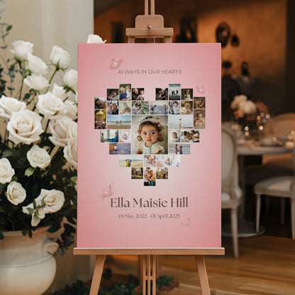 Heart-shaped photo collage memorial sign on a pink background, featuring a collection of cherished photos arranged in a heart shape. Personalised with the name "Ella Maisie Hill," dates, and delicate butterfly accents, creating a beautiful tribute for remembrance and celebration of life.