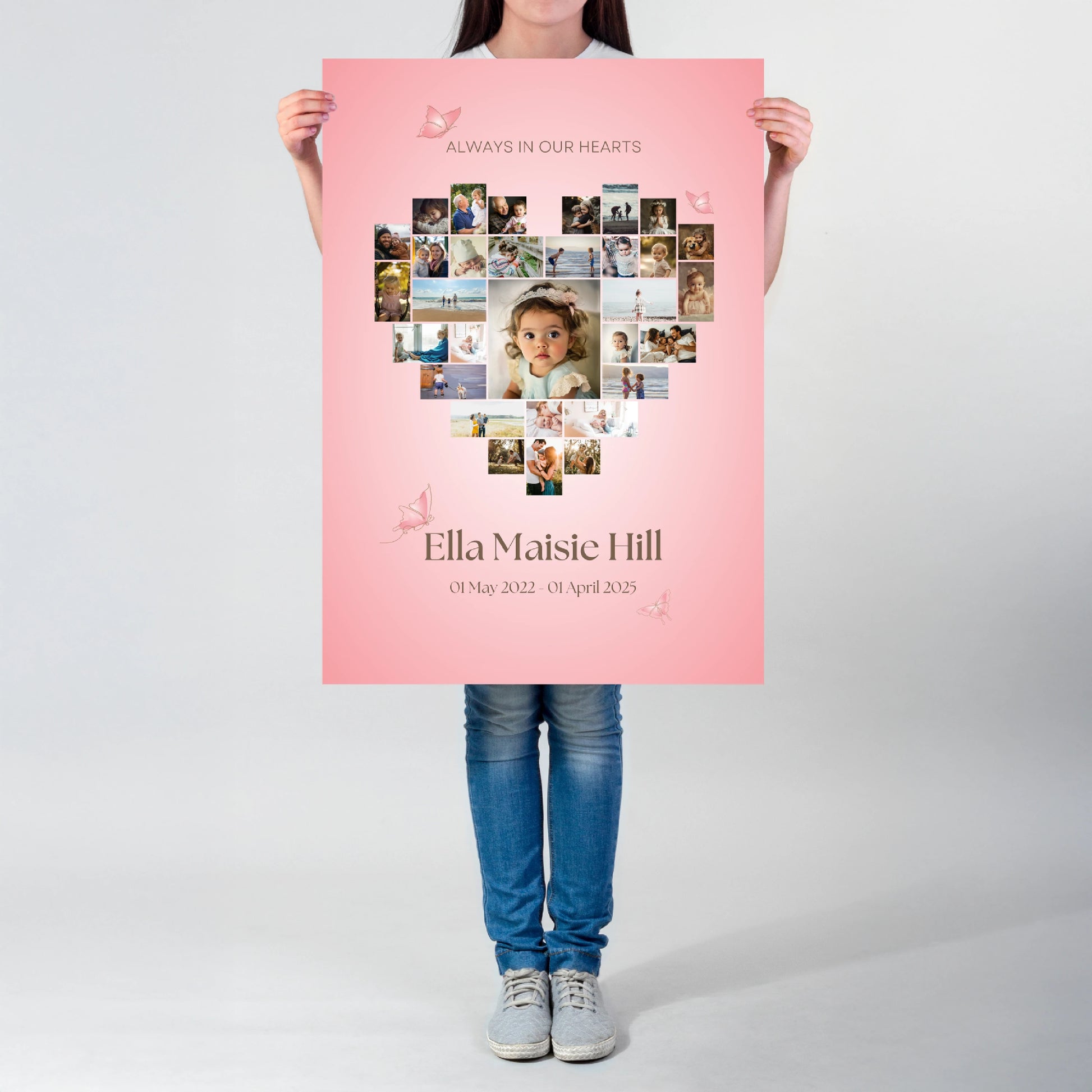 Heart-shaped photo collage memorial sign on a pink background, featuring a collection of cherished photos arranged in a heart shape. Personalised with the name "Ella Maisie Hill," dates, and delicate butterfly accents, creating a beautiful tribute for remembrance and celebration of life.