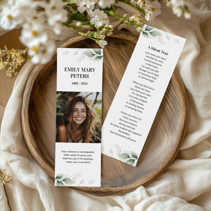 Personalised memorial bookmark for Emily Mary Peters with eucalyptus accents, and a remembrance poem titled "A Silent Tear"—a heartfelt keepsake to honour a loved one.