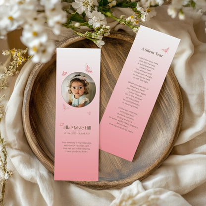 Personalised memorial bookmarks with elegant butterflies on a light pink background and a remembrance poem titled "A Silent Tear"—a heartfelt keepsake to honour a young loved one.