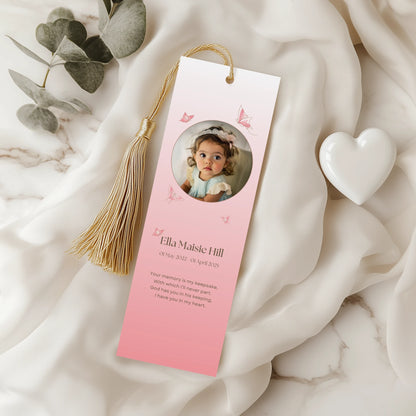 Personalised memorial bookmarks with elegant butterflies on a light pink background and a remembrance poem titled "A Silent Tear"—a heartfelt keepsake to honour a young loved one.