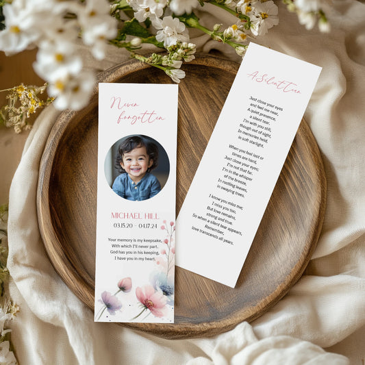 Personalised memorial bookmarks with elegant floral designs, part of Loving Whisper's collection to honour and remember loved ones.