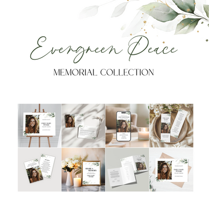 A collection of nine editable Canva templates from the Evergreen Peace Memorial Collection. The designs feature elegant green foliage and a minimalist aesthetic. Templates include funeral programs, thank-you cards, bookmarks, and memory-sharing signs for Emily Mary Peters.