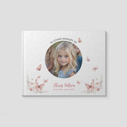 Personalised White Condolence Book with Floral & Butterfly Accents – Minimalist Memorial Guestbook
