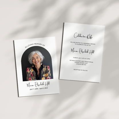 Personalized funeral invitation with a photo of a smiling woman, featuring elegant black and white design and memorial service details.