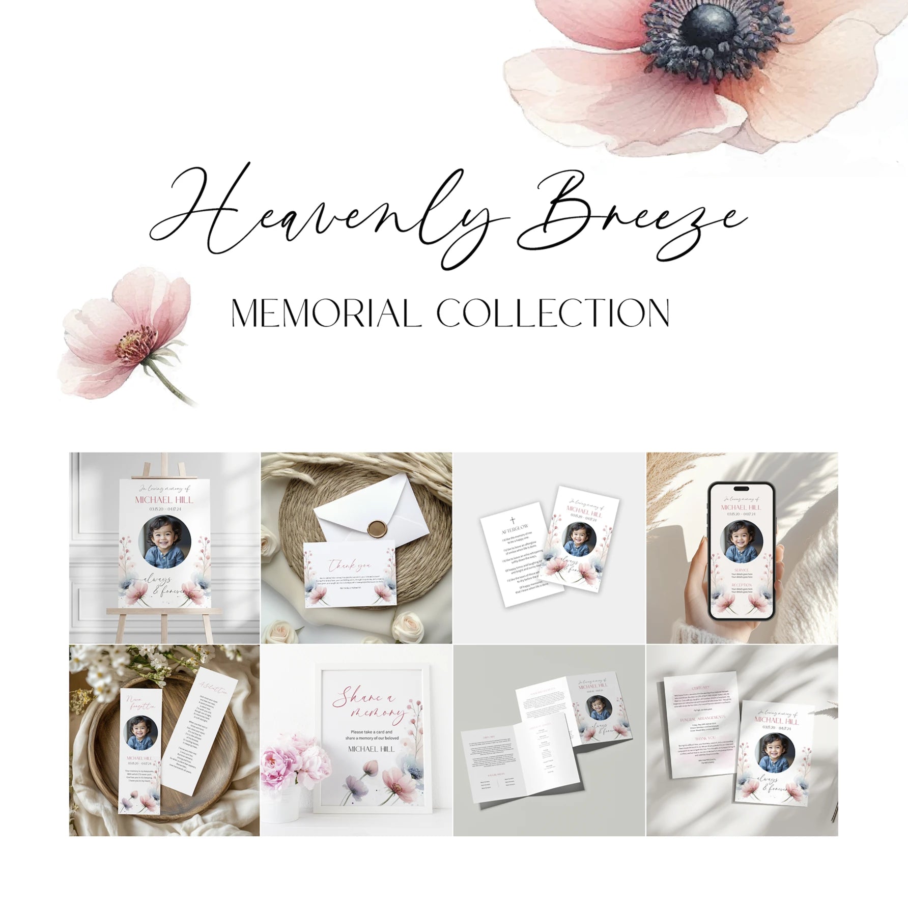 A set of ten editable Canva templates from the Heavenly Breeze Memorial Collection, featuring soft pastel floral designs and personalised items for Michael Hill, including funeral programs, thank-you cards, bookmarks, and memory-sharing signs.