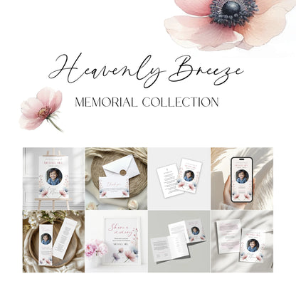 A set of ten editable Canva templates from the Heavenly Breeze Memorial Collection, featuring soft pastel floral designs and personalised items for Michael Hill, including funeral programs, thank-you cards, bookmarks, and memory-sharing signs.
