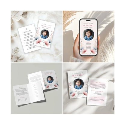 A set of ten editable Canva templates from the Heavenly Breeze Memorial Collection, featuring soft pastel floral designs and personalised items for Michael Hill, including funeral programs, thank-you cards, bookmarks, and memory-sharing signs.