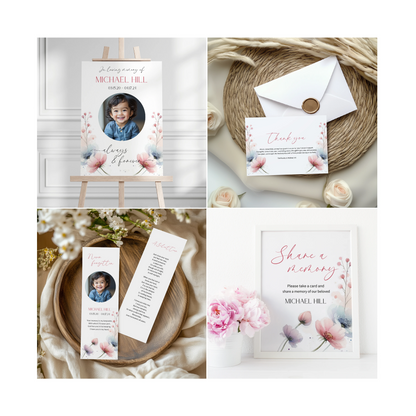 A set of ten editable Canva templates from the Heavenly Breeze Memorial Collection, featuring soft pastel floral designs and personalised items for Michael Hill, including funeral programs, thank-you cards, bookmarks, and memory-sharing signs.