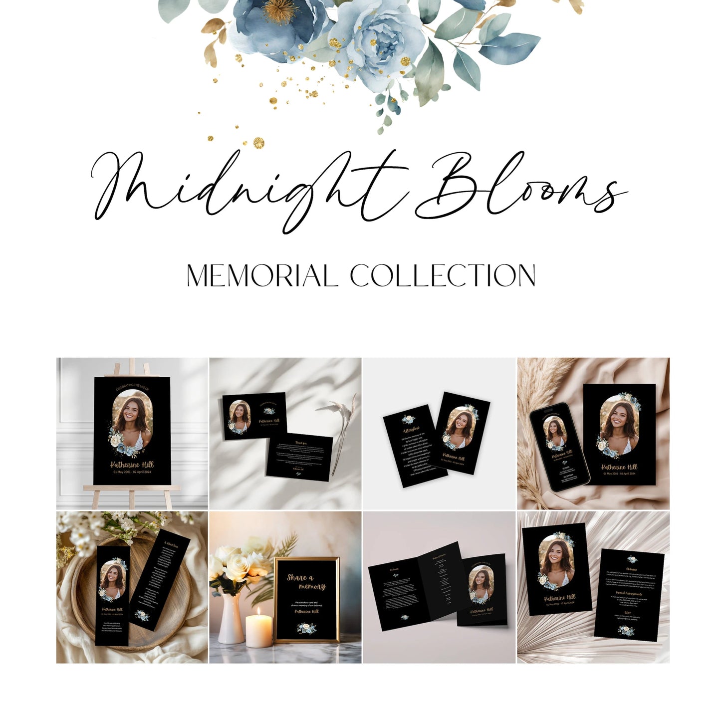 A collection of nine editable Canva templates from the Midnight Blooms Memorial Collection with black backgrounds, white and blue roses, and gold accents. Includes funeral programs, thank-you cards, bookmarks, and memory-sharing signs personalized for Katherine Hill.