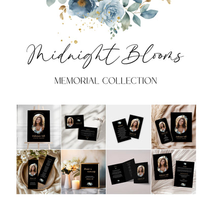 A collection of nine editable Canva templates from the Midnight Blooms Memorial Collection with black backgrounds, white and blue roses, and gold accents. Includes funeral programs, thank-you cards, bookmarks, and memory-sharing signs personalized for Katherine Hill.