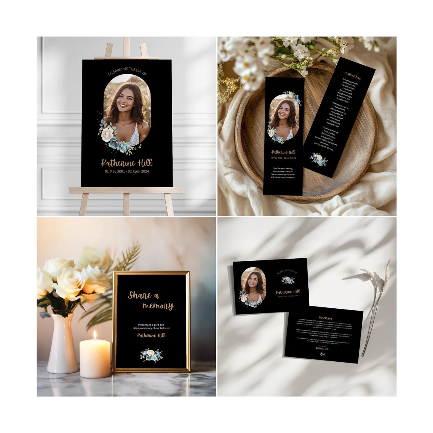 A collection of nine editable Canva templates from the Midnight Blooms Memorial Collection with black backgrounds, white and blue roses, and gold accents. Includes funeral programs, thank-you cards, bookmarks, and memory-sharing signs personalized for Katherine Hill.