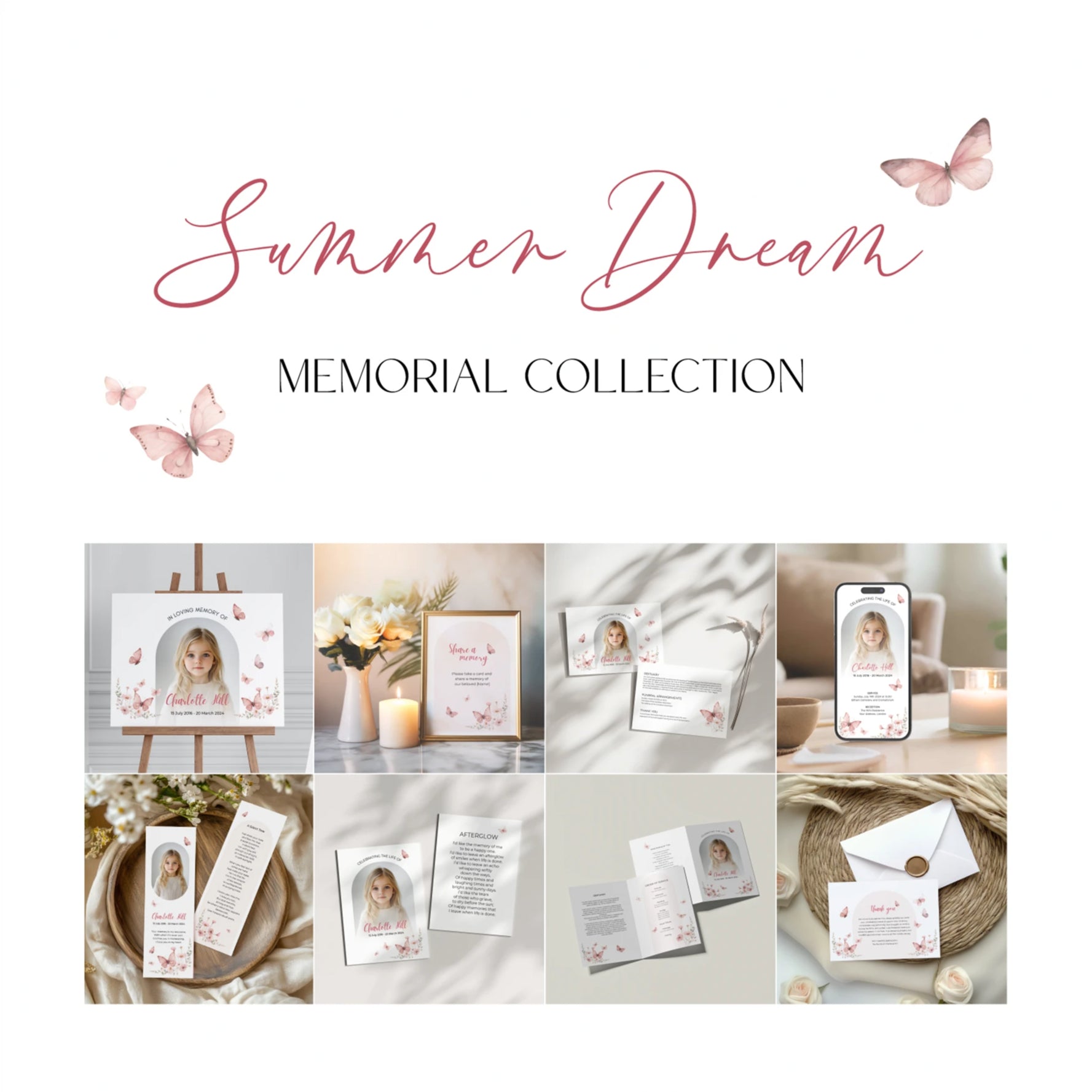 Editable Canva templates from the Summer Dream Memorial Collection featuring soft florals and delicate butterflies. Includes funeral programs, thank-you cards, memory signs, and more, designed as a heartfelt tribute for a celebration of life.