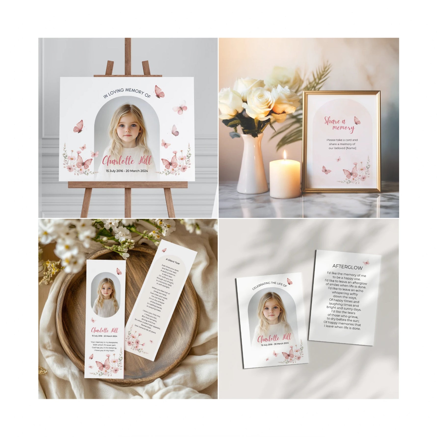 Editable Canva templates from the Summer Dream Memorial Collection featuring soft florals and delicate butterflies. Includes funeral programs, thank-you cards, memory signs, and more, designed as a heartfelt tribute for a celebration of life.