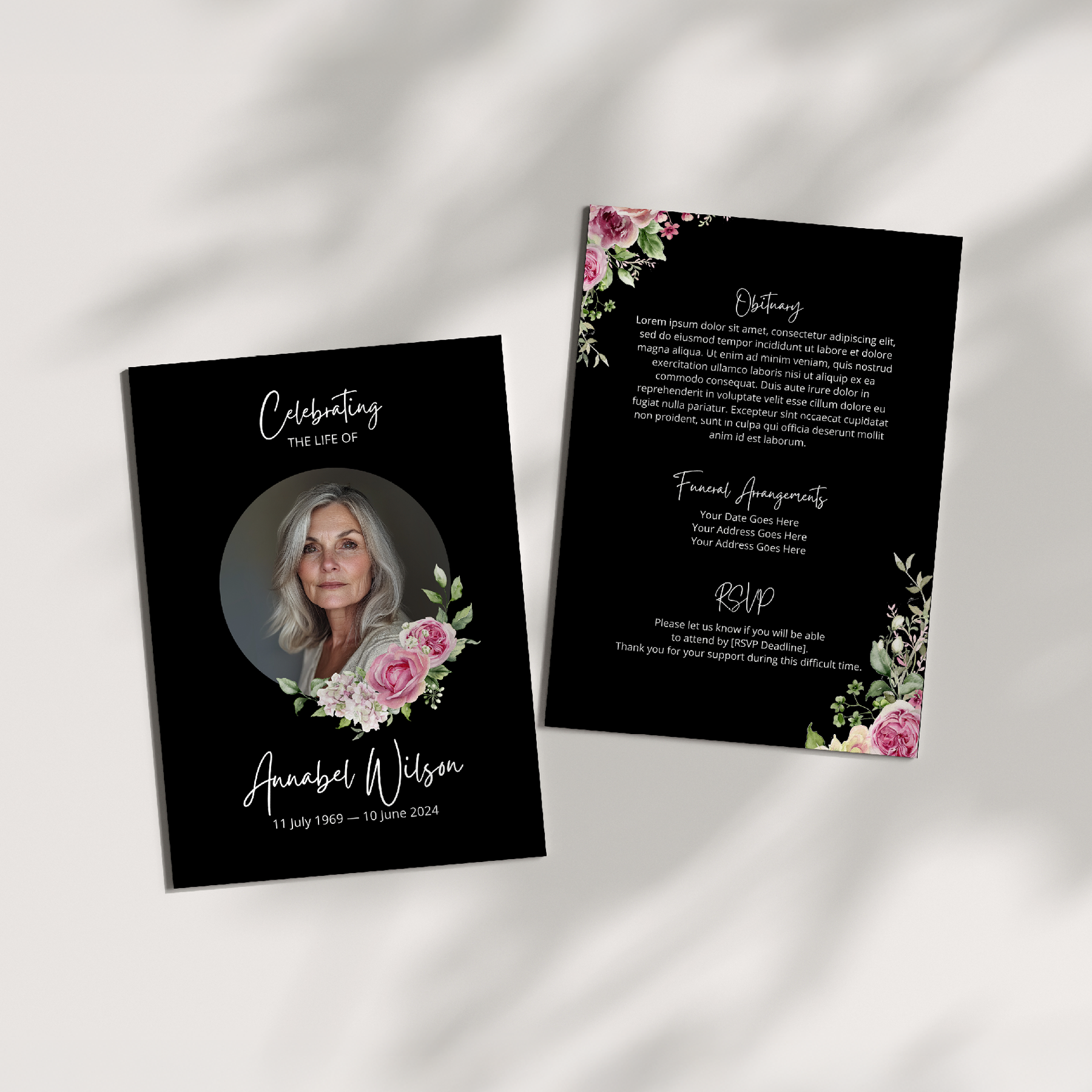 Elegant Pink Roses Funeral Invitation, Printable Memorial Card with Floral Design, Editable Celebration of Life Template