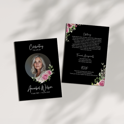 Elegant Pink Roses Funeral Invitation, Printable Memorial Card with Floral Design, Editable Celebration of Life Template