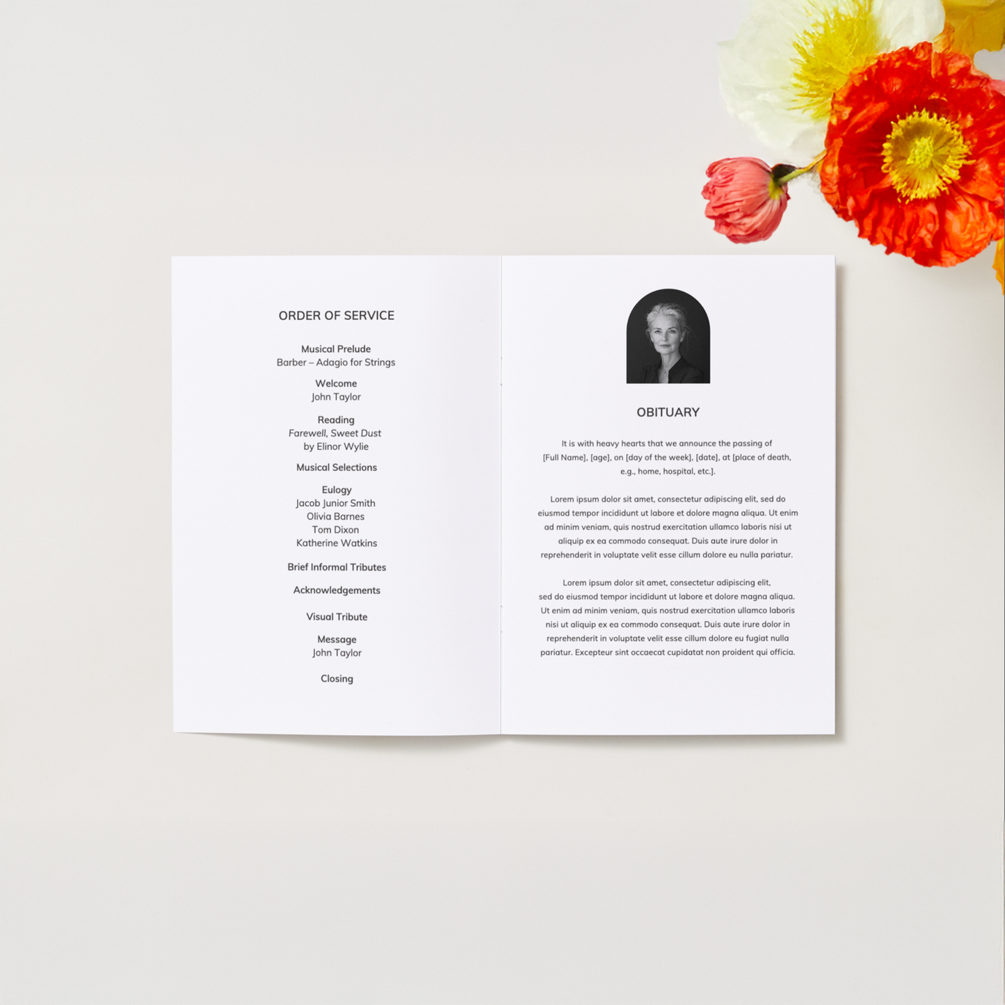 Custom Funeral Order of Service | Single-Fold Brochure WHT9