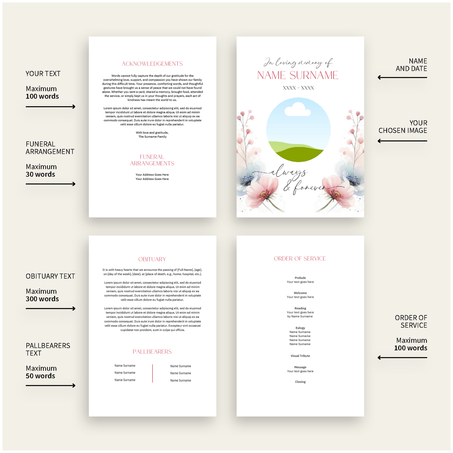 Custom Funeral Order of Service | Single-Fold Brochure WHT5