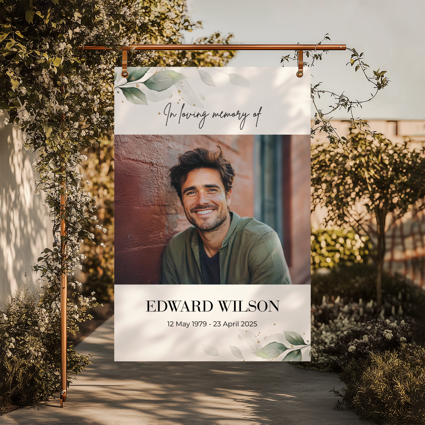 Memorial personalised welcome sign with a photo of a man named Edward Wilson and date of birth and death.