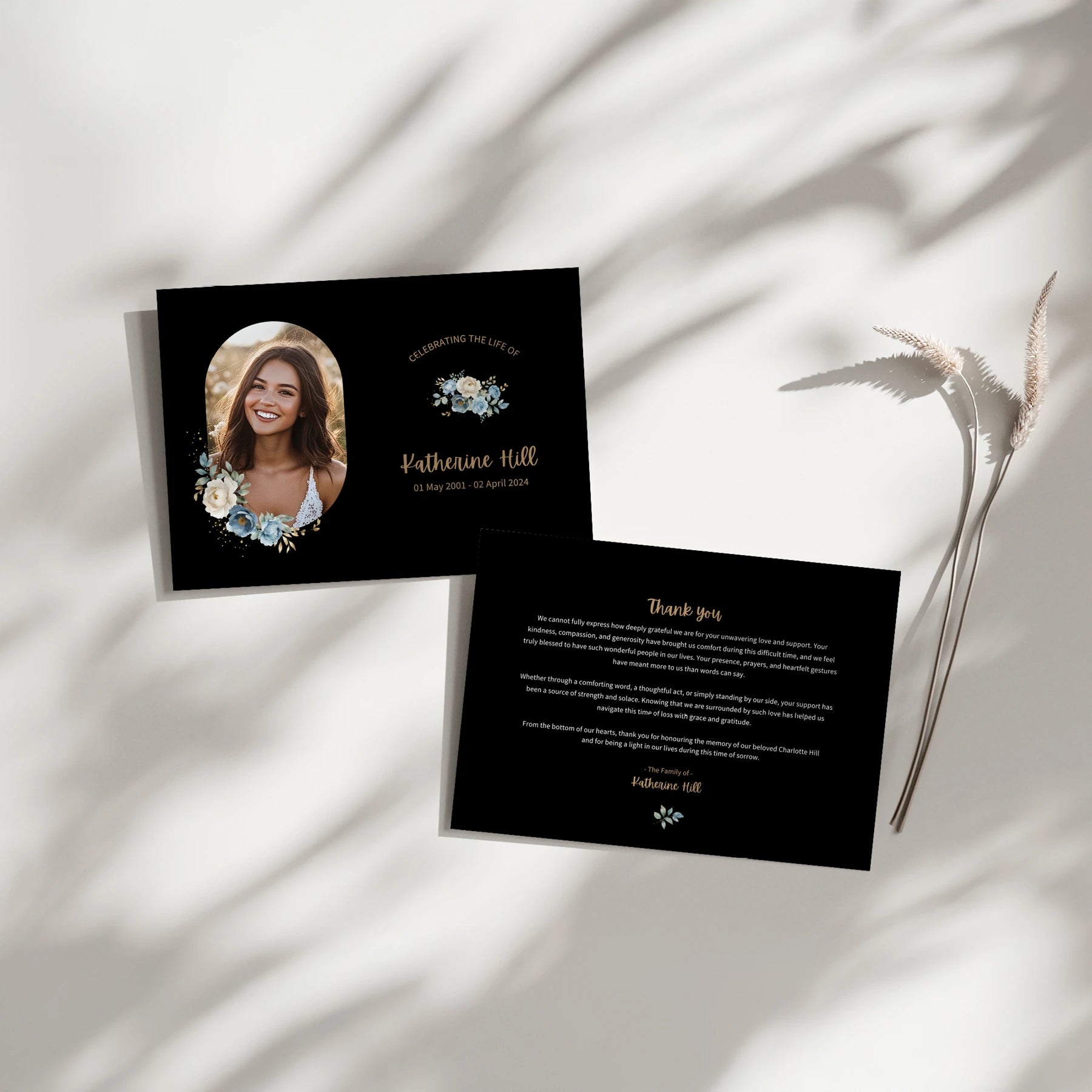 Personalized memorial thank you card with elegant floral design, part of Loving Whisper's collection to express gratitude and honor loved ones.