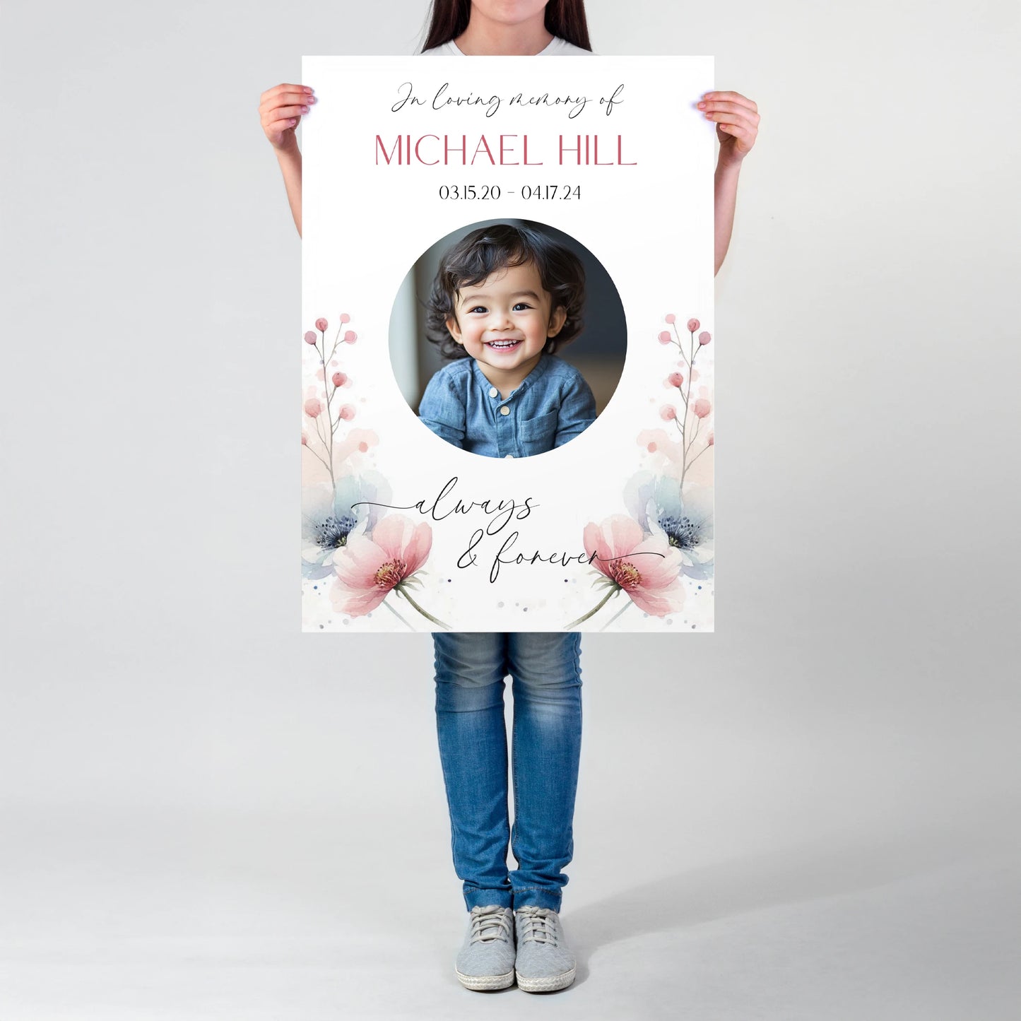 Personalised memorial sign with a custom photo framed in a circular design, soft floral accents, and the name "Michael Hill," along with birth and passing dates, and the phrase "Always & Forever." A heartfelt tribute for remembrance and celebrating a loved one's life.