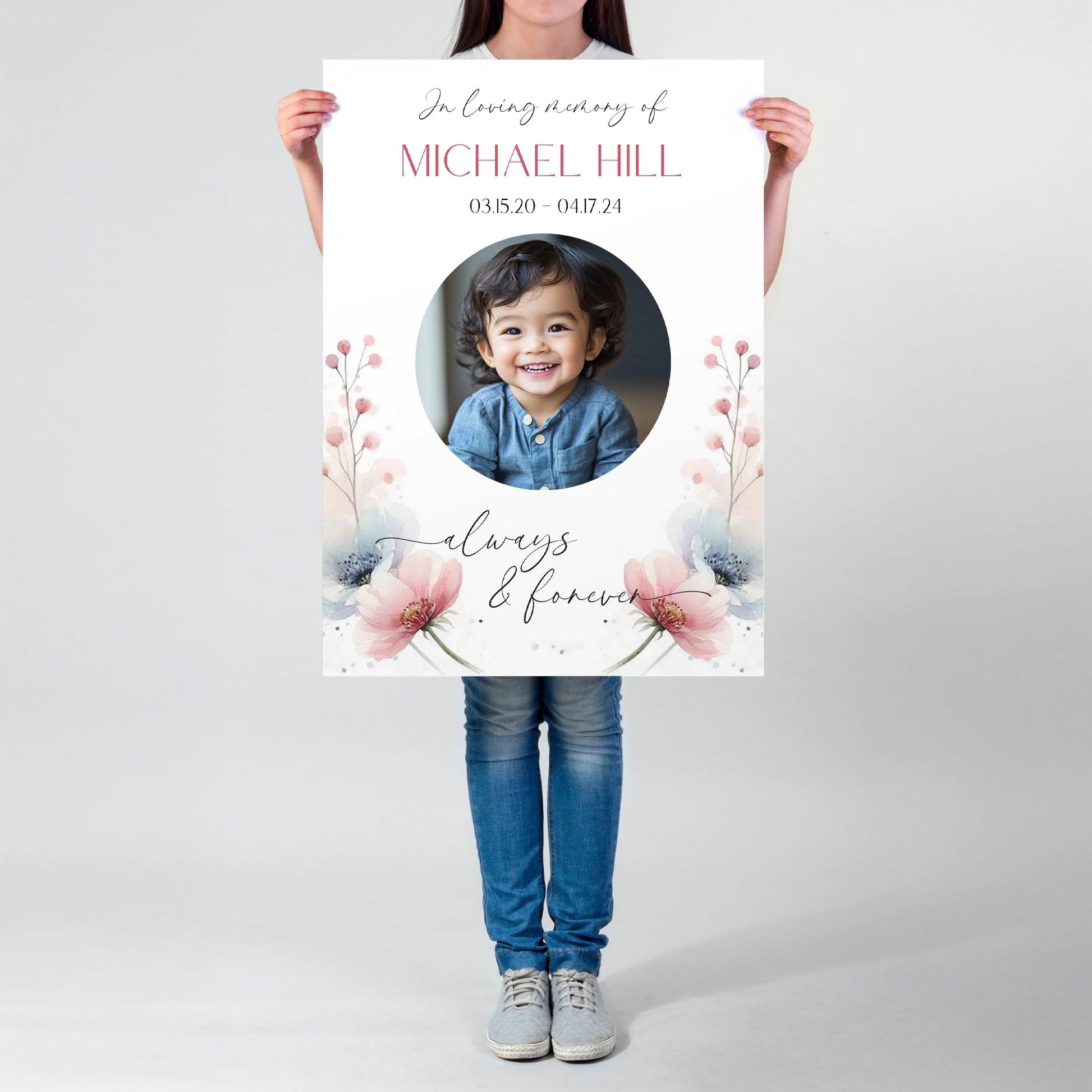 Personalised memorial sign with a custom photo framed in a circular design, soft floral accents, and the name "Michael Hill," along with birth and passing dates, and the phrase "Always & Forever." A heartfelt tribute for remembrance and celebrating a loved one's life.