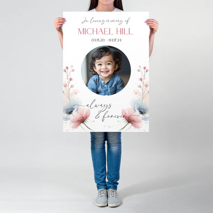 Personalised memorial sign with a custom photo framed in a circular design, soft floral accents, and the name "Michael Hill," along with birth and passing dates, and the phrase "Always & Forever." A heartfelt tribute for remembrance and celebrating a loved one's life.
