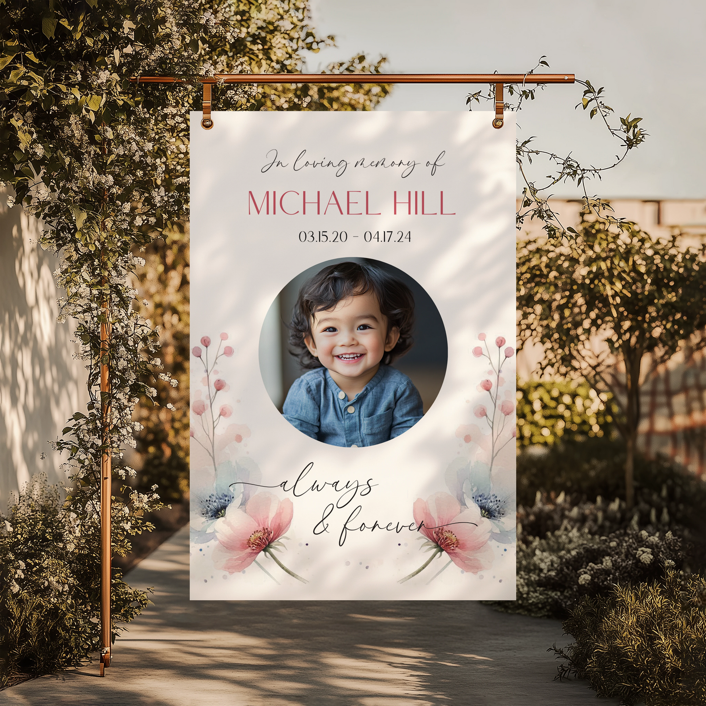 Personalised memorial sign with a custom photo framed in a circular design, soft floral accents, and the name "Michael Hill," along with birth and passing dates, and the phrase "Always & Forever." A heartfelt tribute for remembrance and celebrating a loved one's life.