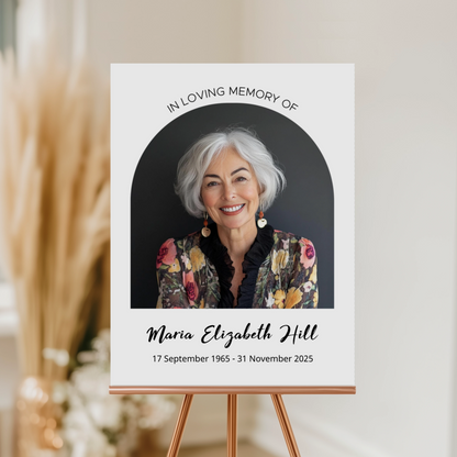 Memorial Welcome Sign with a photo framed in an elegant arch, featuring "In Loving Memory" above, a name in a delicate handwritten font, and birth and death dates at the bottom.