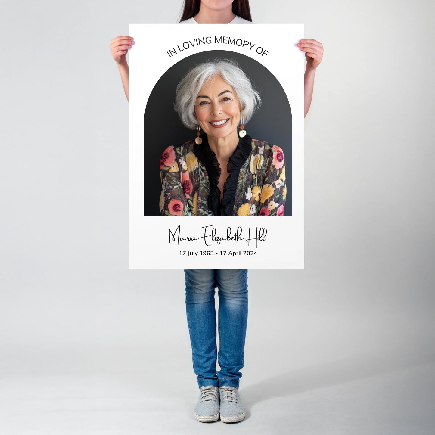 Memorial Welcome Sign with a photo framed in an elegant arch, featuring "In Loving Memory" above, a name in a delicate handwritten font, and birth and death dates at the bottom.