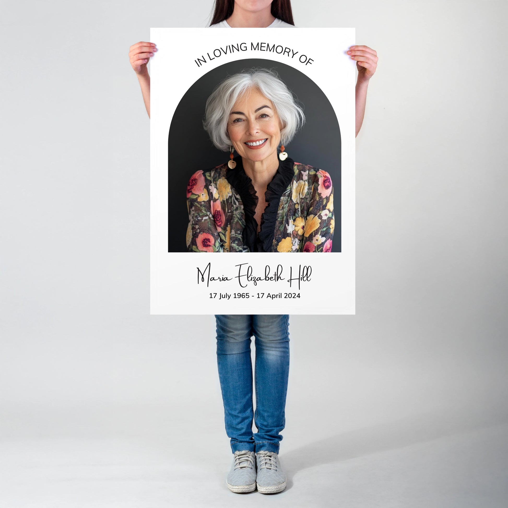 Memorial Welcome Sign with a photo framed in an elegant arch, featuring "In Loving Memory" above, a name in a delicate handwritten font, and birth and death dates at the bottom.