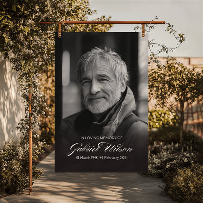 Memorial minimalist poster for Gabriel Wilson with a black and white portrait in a garden setting.