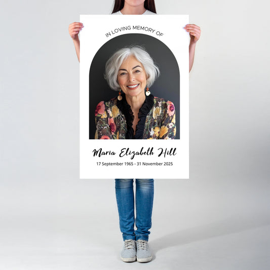 Memorial Welcome Sign with a photo framed in an elegant arch, featuring "In Loving Memory" above, a name in a delicate handwritten font, and birth and death dates at the bottom.